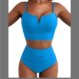 Blue High-Waist V-Notch Bikini Set